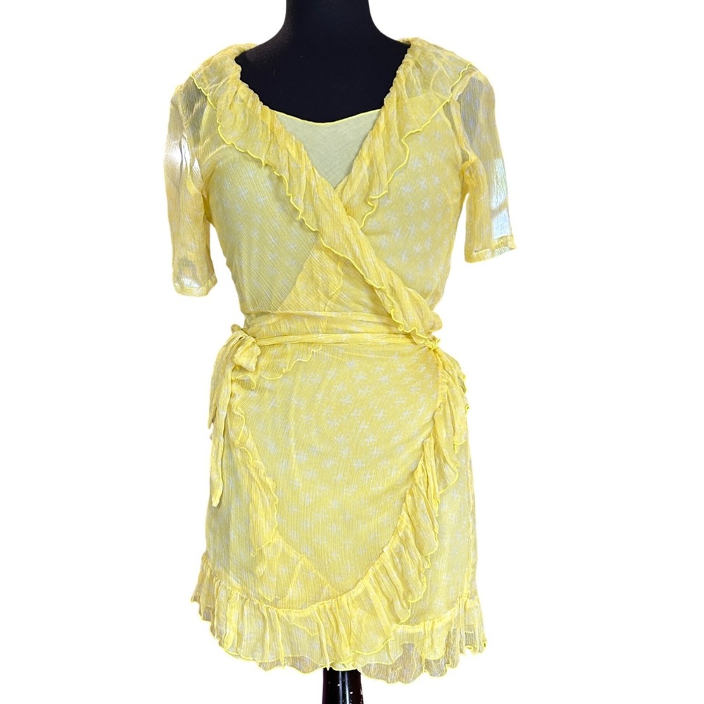 Cloe Cassandro Silk Wrap Dress S Yellow Ruffle Trim Mini with Slip